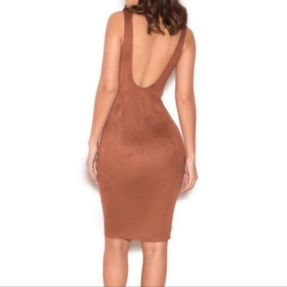 House Of CB Alanis Brown Faux Suede Fitted Midi Dress XS - Picture 2 of 12